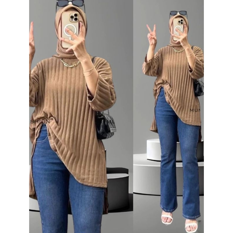 OVERSIZE MATT KNIT HORNETS ATASAN TUNIK LENGAN 7/8 KAOS//ATASAN WANITA//BAJU RAJUT//BAJU KEKINIAN