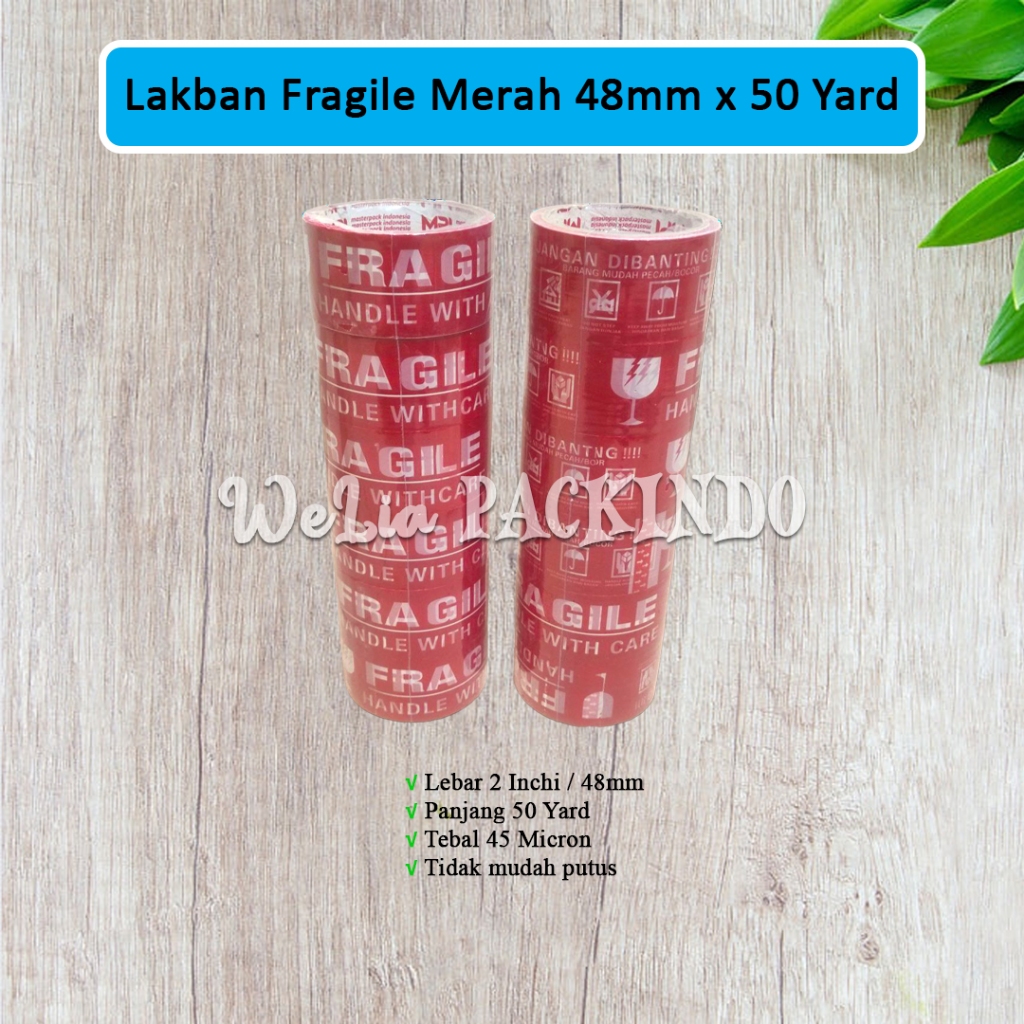 

Lakban Fragile Merah 2 Inchi 48mm x 50 Yard MPI / Isolasi Selotip Merah Jangan Dibanting Handle With Care