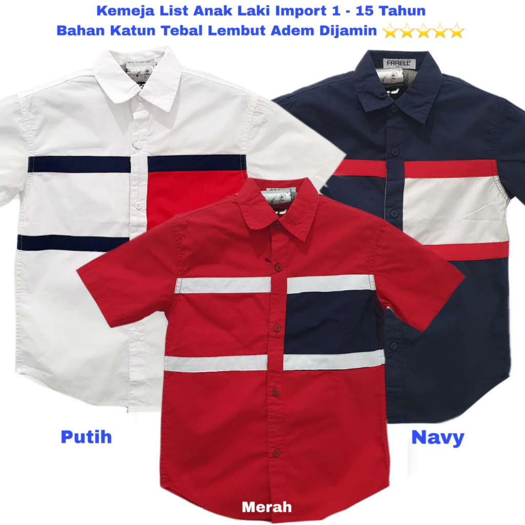 Kemeja Salur Anak Laki Laki1-15 Tahun Hem Katun Premium Anak Tanggung Remaja Putih Merah Navy