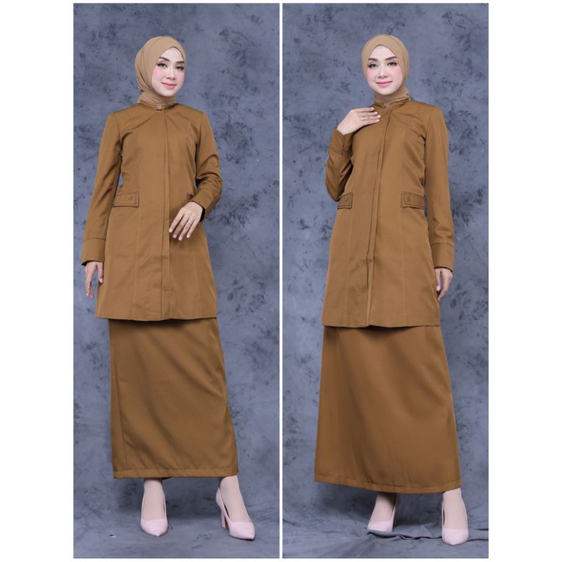 SERAGAM PEMDA TUNIK POLOS KANCING MIRING SETELAN ROK A/SPAN  BAHAN KATUN FREE HIJAB