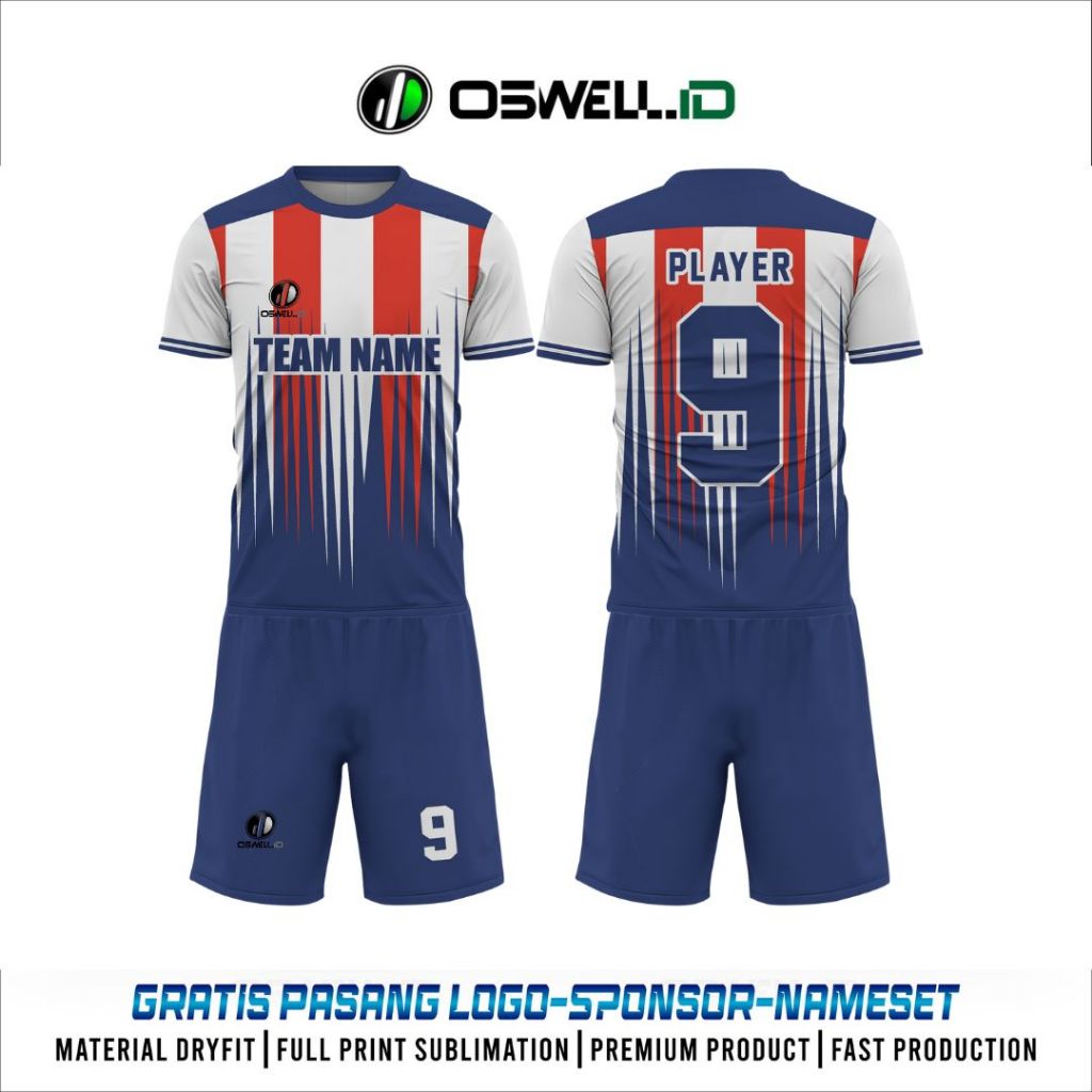 Jersey Futsal dan Football Tema Biru Merah Putih bebas custom Full Printing  [OSWELL - FO OS26]