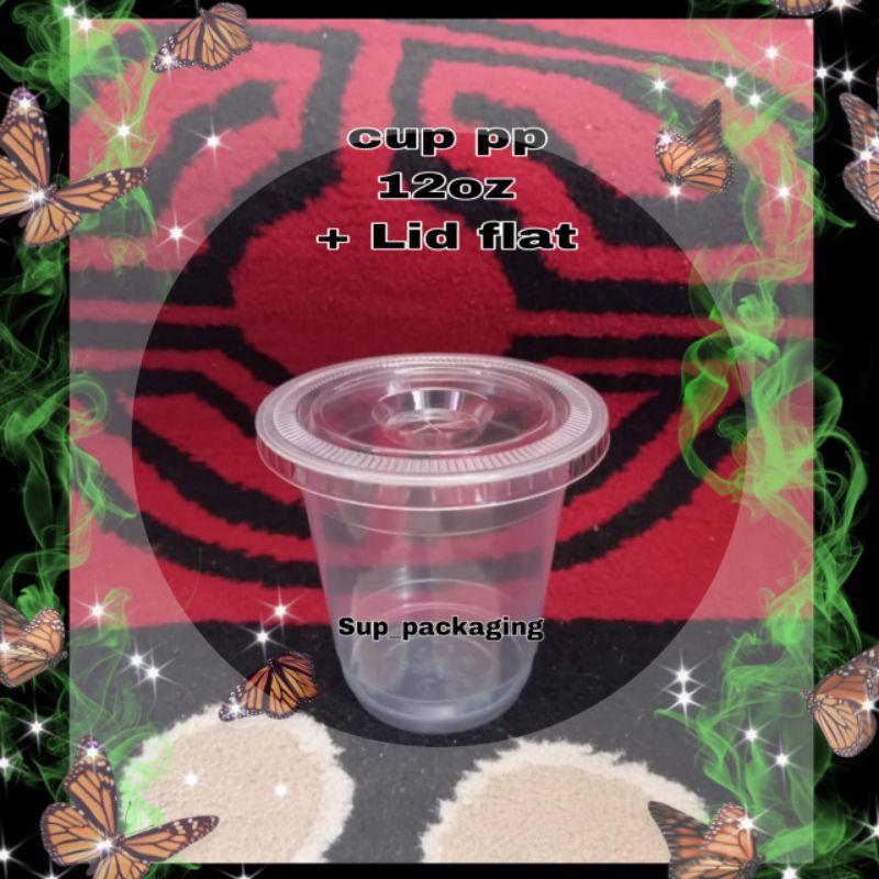 cup pp 12oz + lid flat / Gelas plastik pp 12oz Polycup + tutup flat