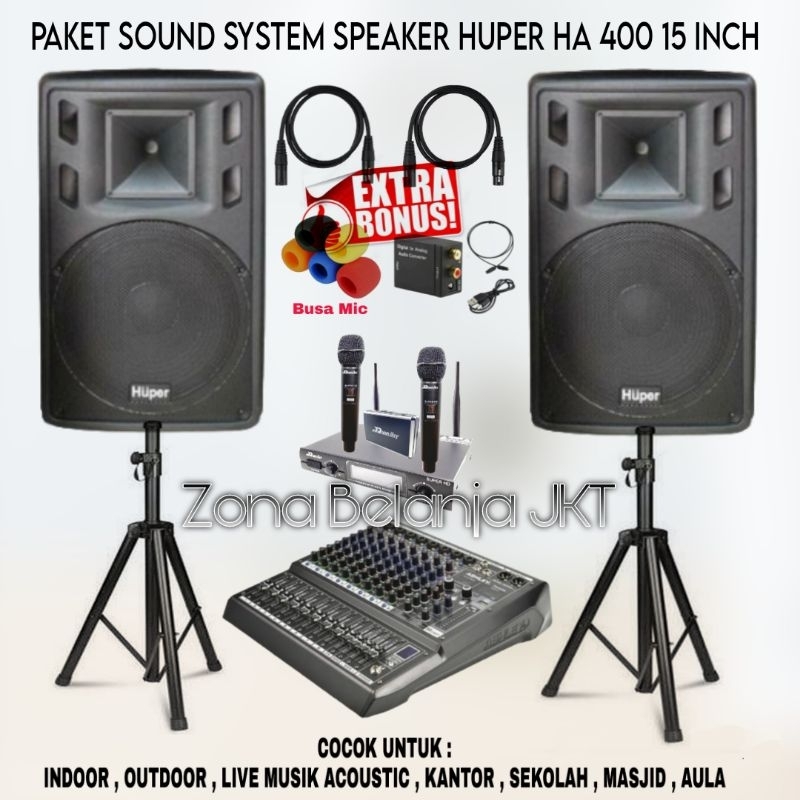 PAKET SOUND SYSTEM INDOOR OUTDOOR SPEAKER HUPER HA 400 15 INCH AKTIF MIXER 8 CHANNEL USB BLUETOOTH M