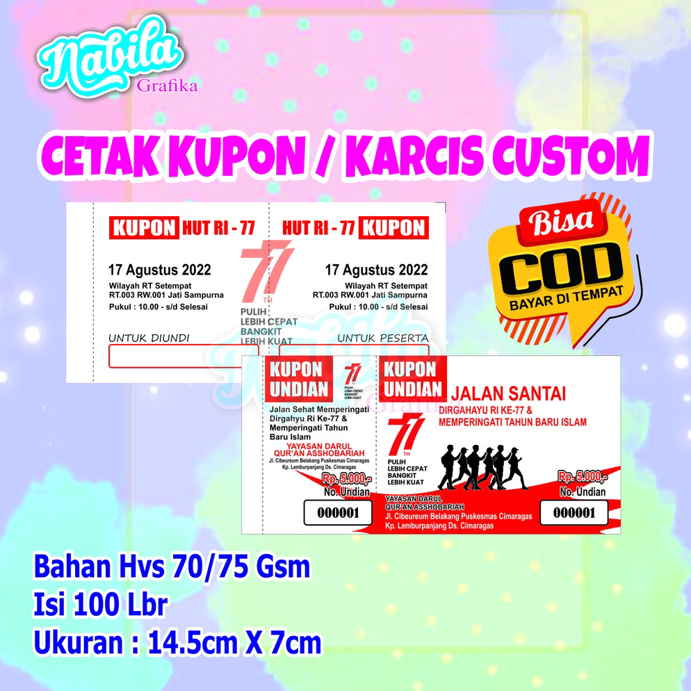 

9.9 Promo Brand Cetak Kupon custom Jalan Santai / Cetak Karcis Parkir / Cetak karcis masuk / karcis / Kupon undian / Cetak kupon / collectionnabila