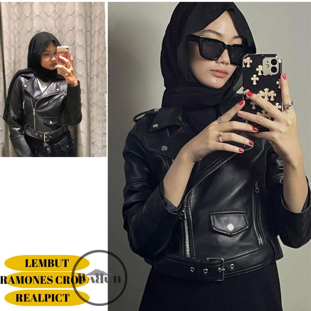BARUn  x RAMONES CROP - Jaket Semi Kulit Wanita Sabuk Crop ootd Premium Crop Top Women Black Hitam