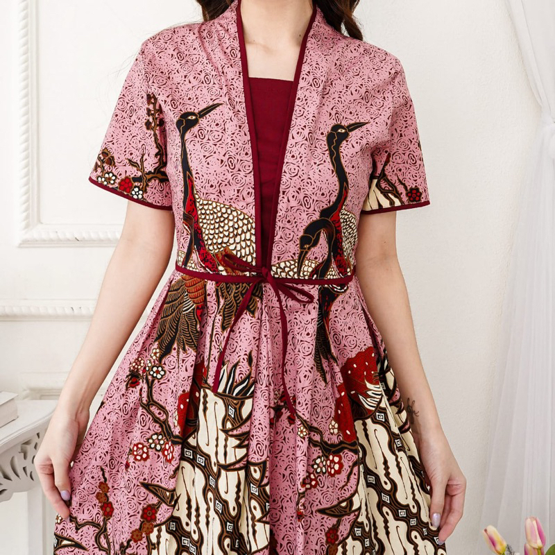 KLO Dress Batik V118 Dusty Pink Elegan Resleting Belakang