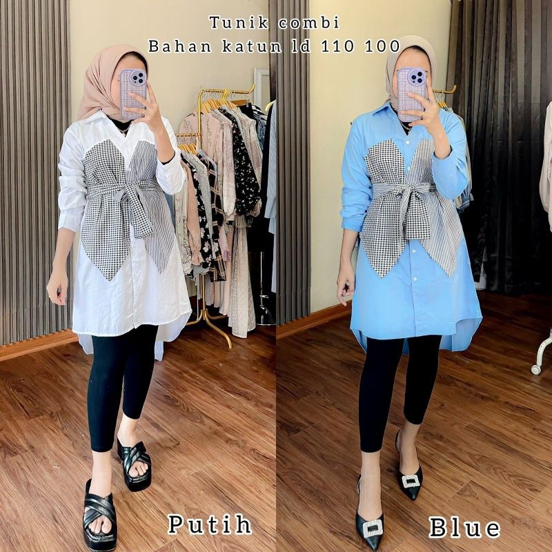 TUNIK PUTIH BIRU HITAM KEKINIAN PITA BEST / TUNIK KOMBINASI KOTAK KOTAK 654