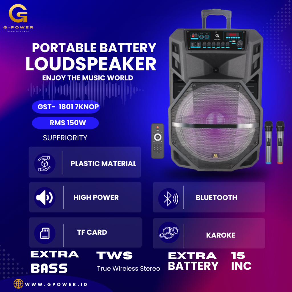 G-POWER PROFESIONAL PORTABLE BATTERY SPEAKER GST 1801 7KENOP/6 KENOP FREE 2 MICROPHONE WIRELESS