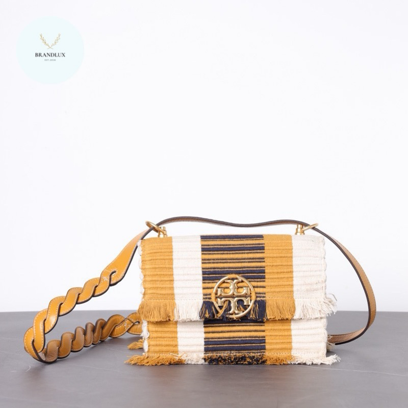 TORY BURCH Small Miller Woven Stripe Flap Shoulder Bag in Chutney/Natural Canvas