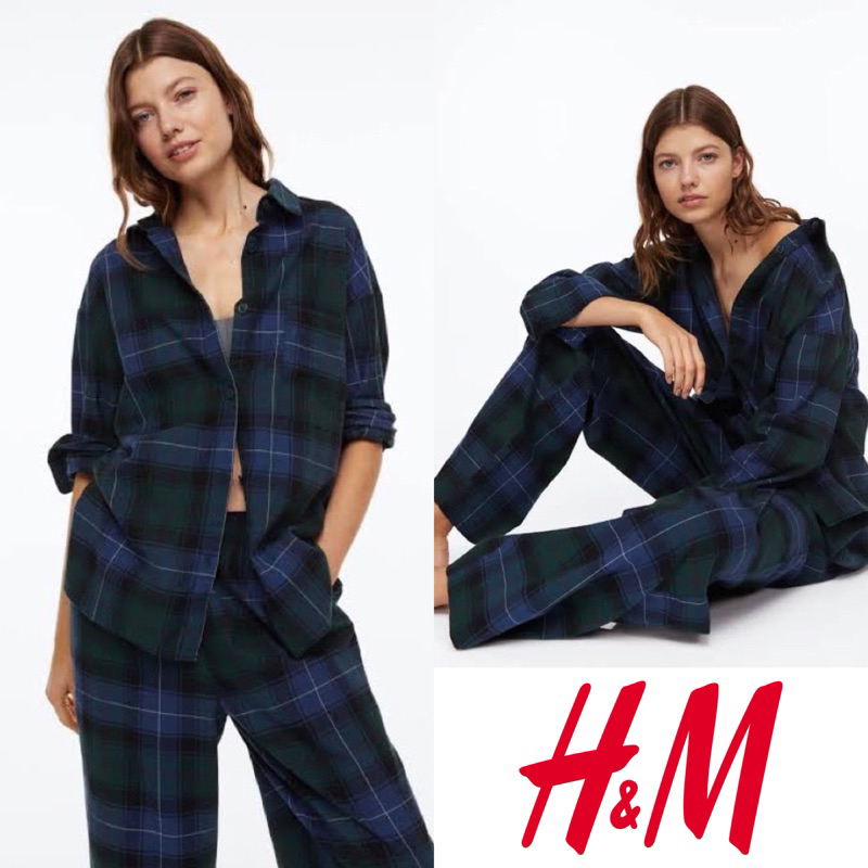 h&m hnm hm plaid green blue pajamas piyama set baju tidur