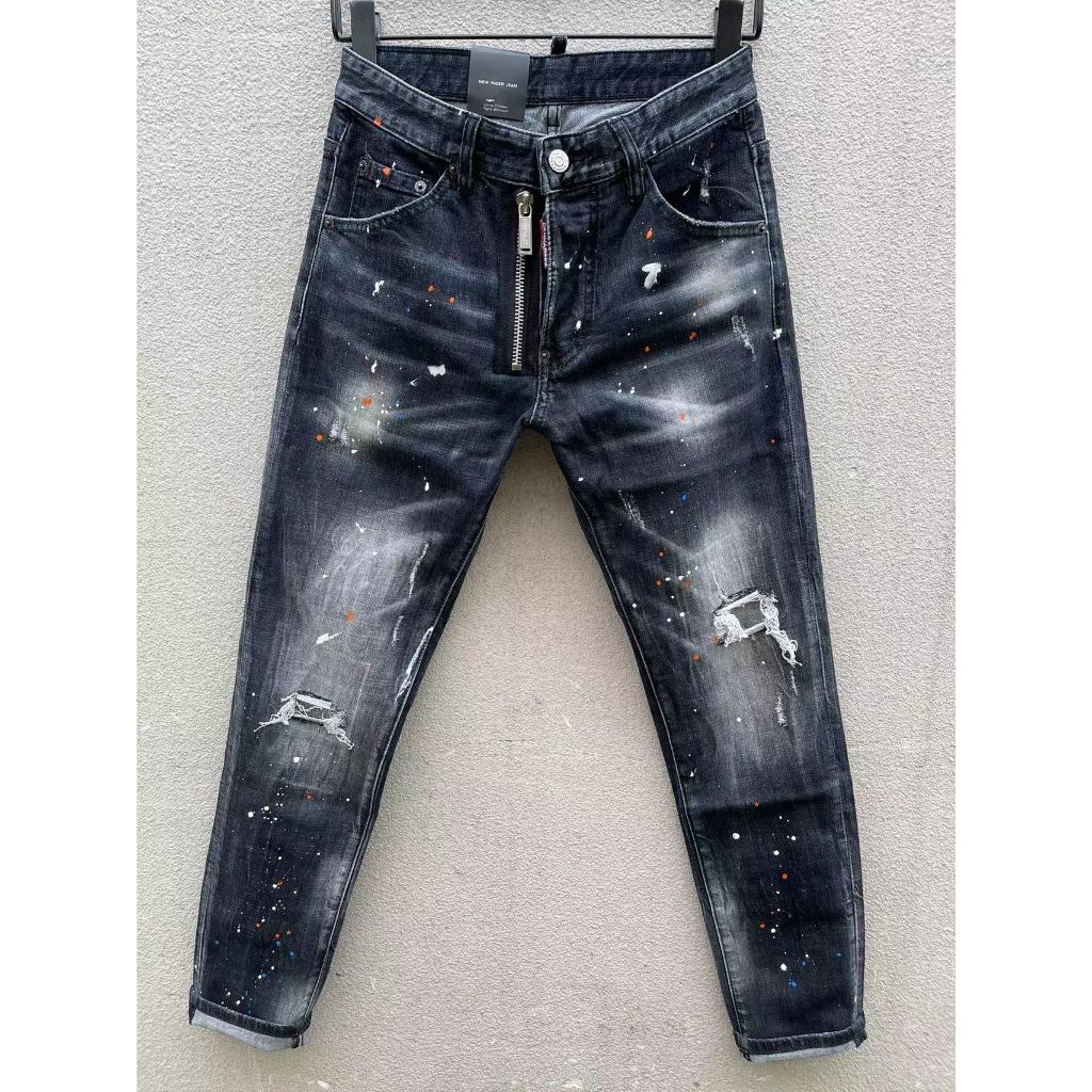 DSQUARED2 Jeans Pria Tren Fashion Slim Fit Celana Jeans Cropped Pergelangan Kaki Sembilan Titik Cela
