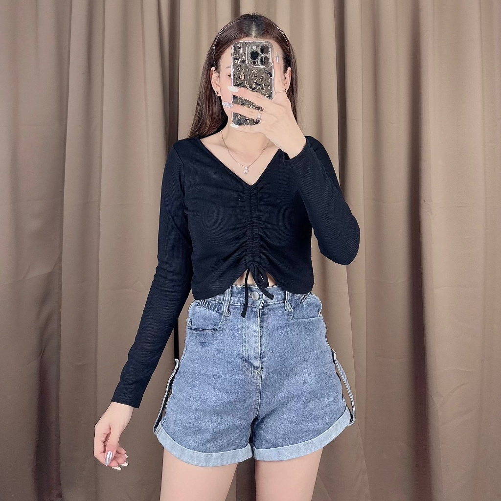 Ella Top Serut Vneck Knit Long Sleeve / Blouse Serut Lengan Panjang