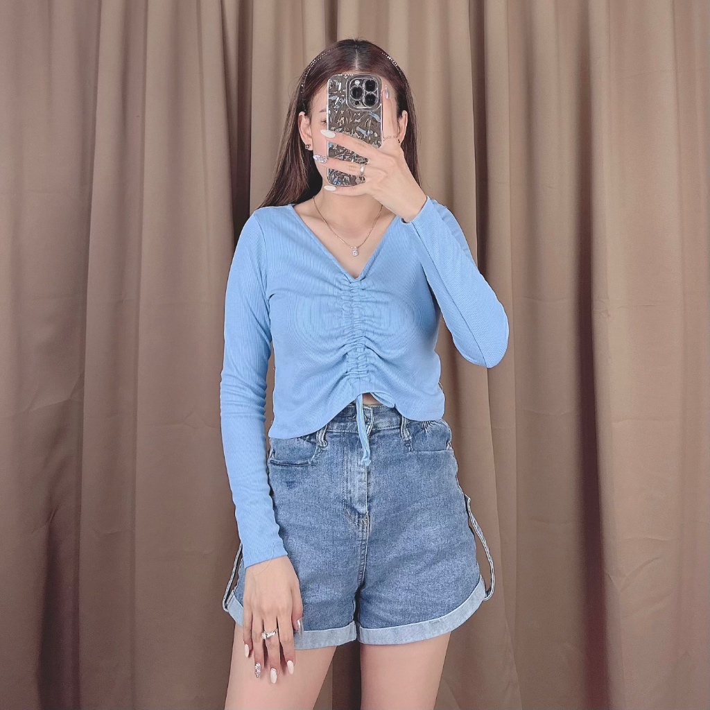 Ella Top Serut Vneck Knit Long Sleeve / Blouse Serut Lengan Panjang