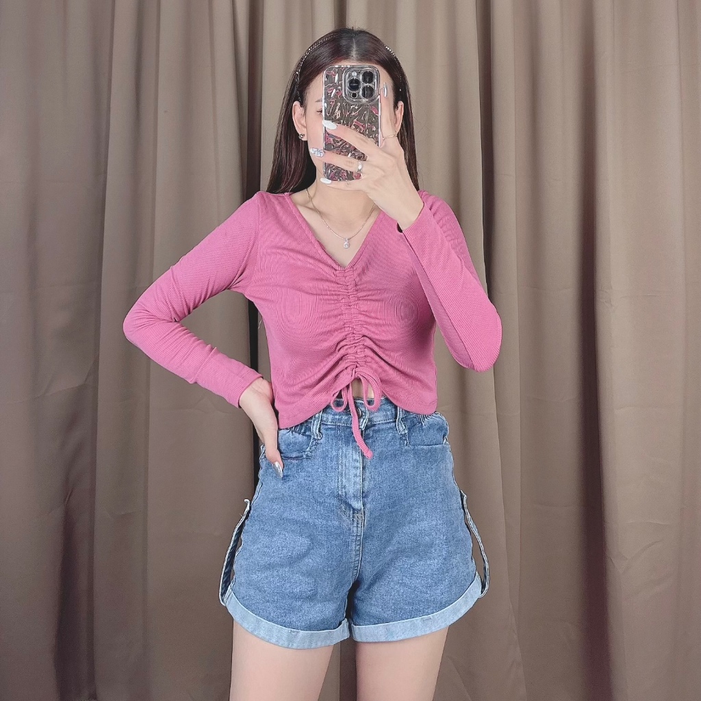 Ella Top Serut Vneck Knit Long Sleeve / Blouse Serut Lengan Panjang