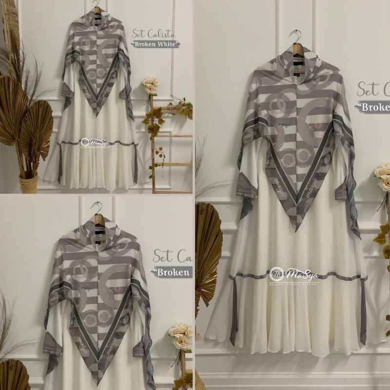 Set Gamis Dress Ceruty Babydoll Syari Branded Warna Putih Tulang - Broken White Mewah Masya Syari Or