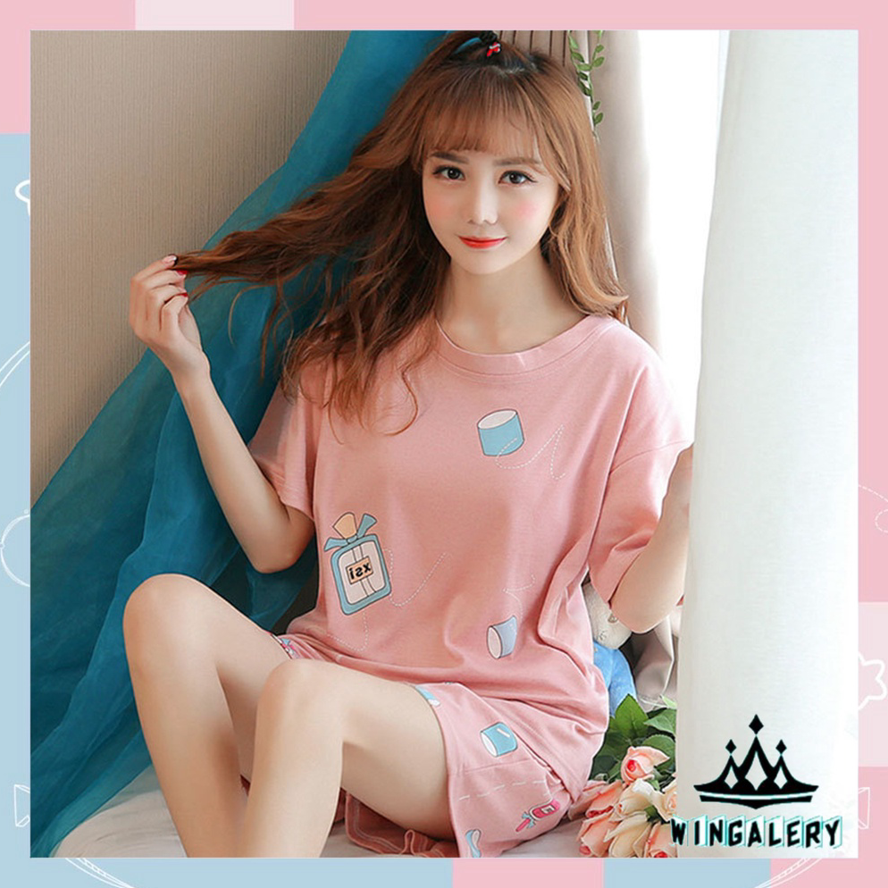 CHEKOUT WINGALERY Set Piyama Lengan Pendek Baju Tidur Wanita Dewasa Motif Kartun  Pajamas Dewasa 401