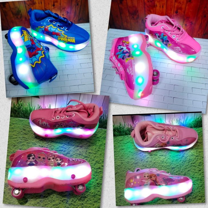Best ORIGINAL TERMURAH Sepatu Roda Lipat Pony LOL Spiderman Frozen Lampu Karakter Unicorn / Roda 4 /