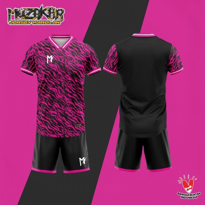 MUZAKAR Baju Futsal Setelan Stelan Jersey Bola Pink Hitam, Bisa Sablon