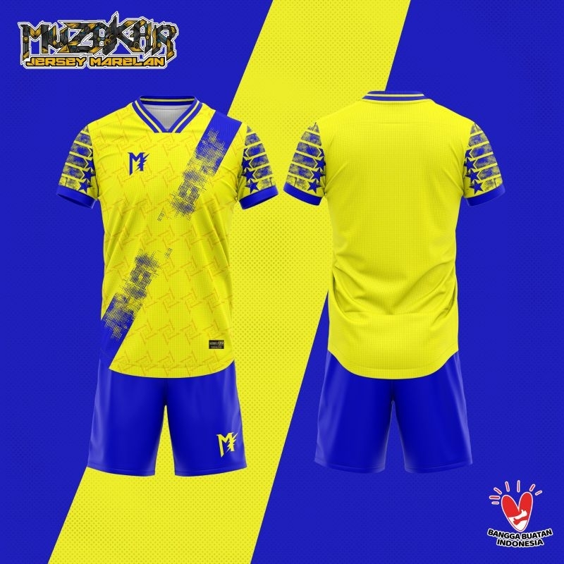 MUZAKAR Baju Futsal Setelan Stelan Jersey Bola Kuning Biru, Bisa Sablon
