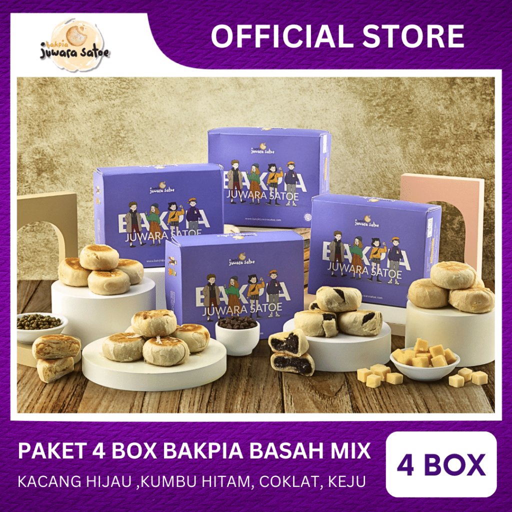 

[ 4 BOX ] PAKET BAKPIA BASAH MIX (ORI,KUMBU,COKLAT,KEJU) - BAKPIA JUWARA SATOE