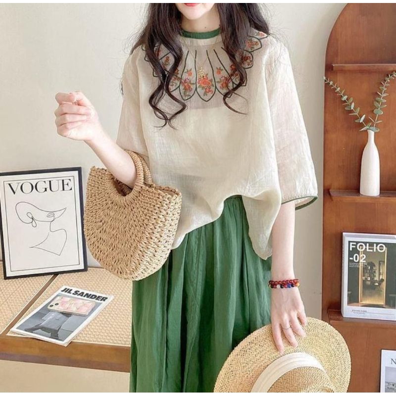 baju blouse motif bordir bahan katun linen