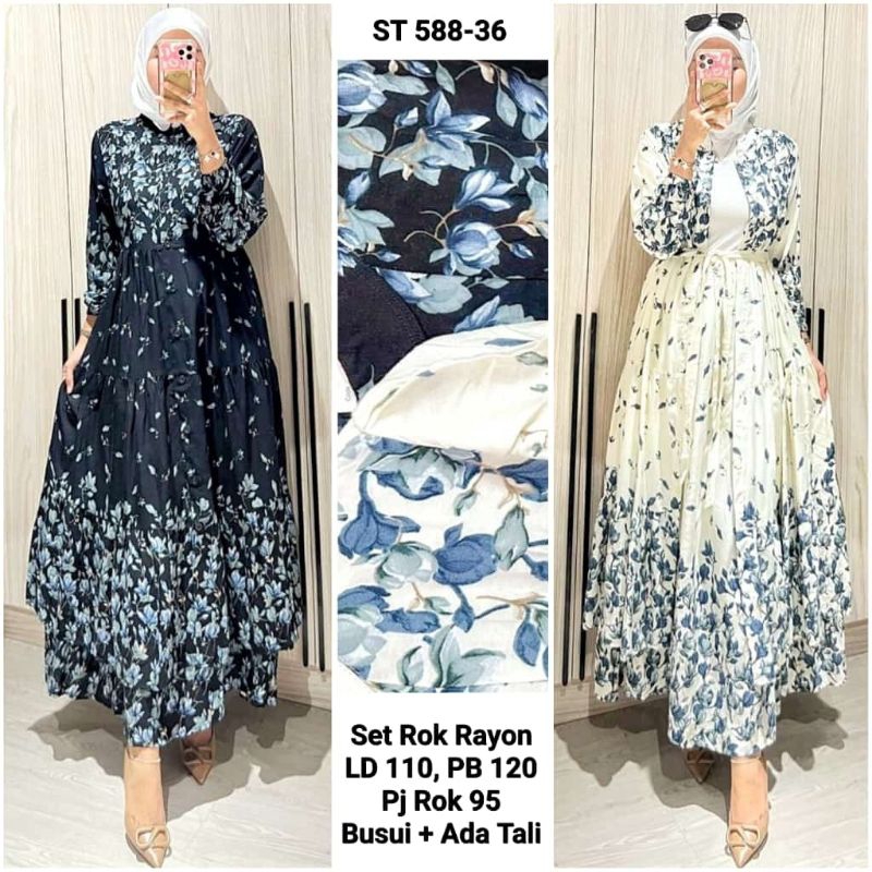 Midi Dress Set Rok Rayon Motif Bunga ST 588.36 PREMIUM BUSUI TERBARU BEST SELLER