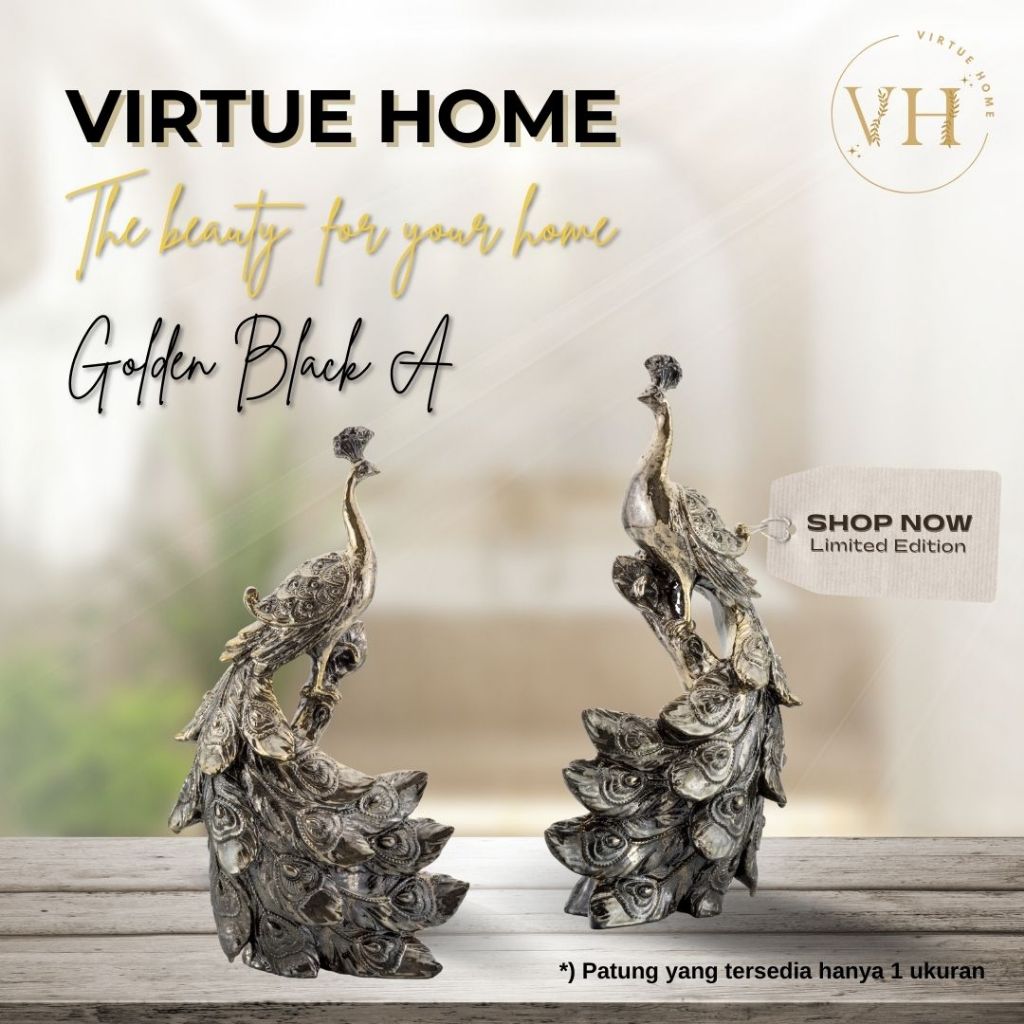 PATUNG DEKORASI RESIN ART MERAK EKOR DEPAN GOLDEN BLACK A