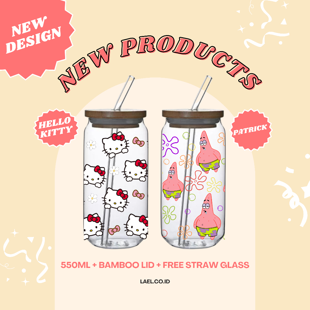 GELAS AESTHETIC KACA TUTUP BAMBOO : GELAS KACA 550ML : GELAS SOUVENIR MURAH : GELAS CUSTOM LUCU UNIK