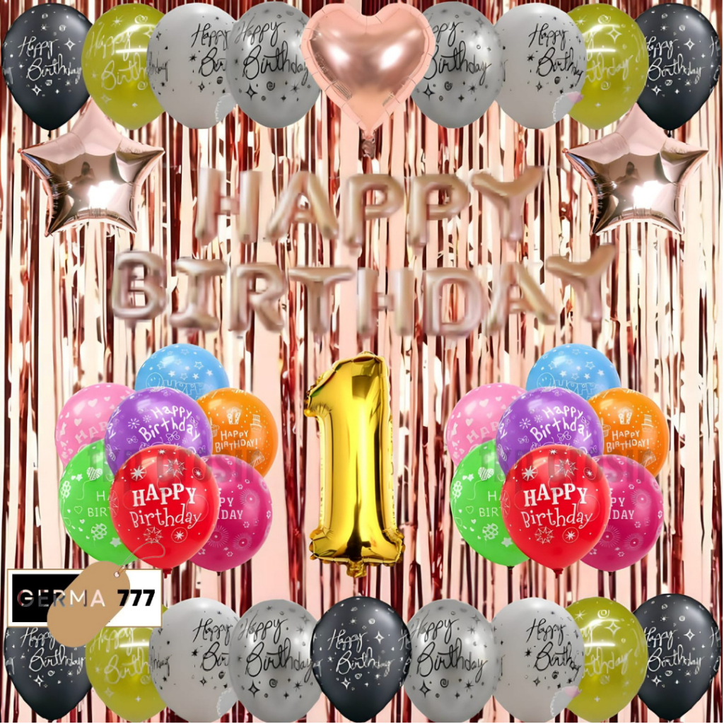 Dekor Ulang Tahun Simple Balon Happy Birthday Dekorasi Hiasan Pesta Ultah Anak Tirai Rosegold