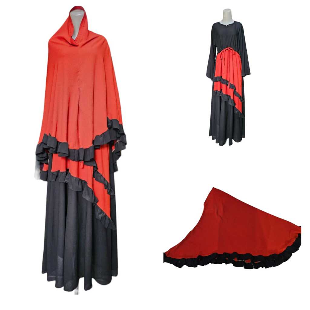 SET GAMIS WANITA BUBBLE KOMBINASI WARNA ORANGE HITAM