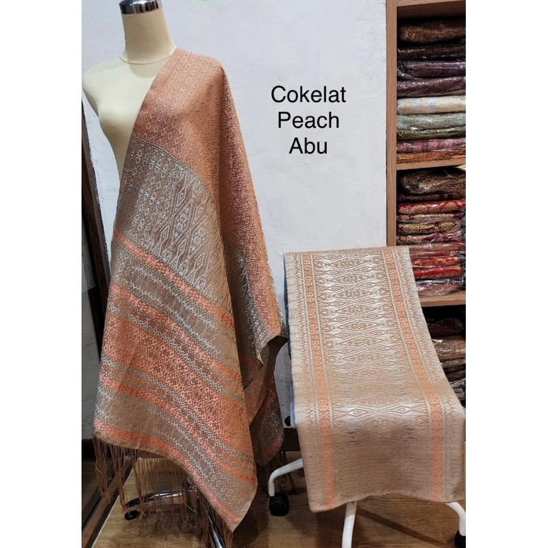 Songket Medan Tumtuman Tanpa Sambungan cokelat Peach Abu