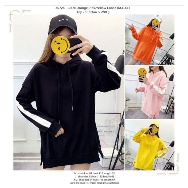 Kaos sweater kupluk polos hitam orange pink kuning list putih lengan panjang
