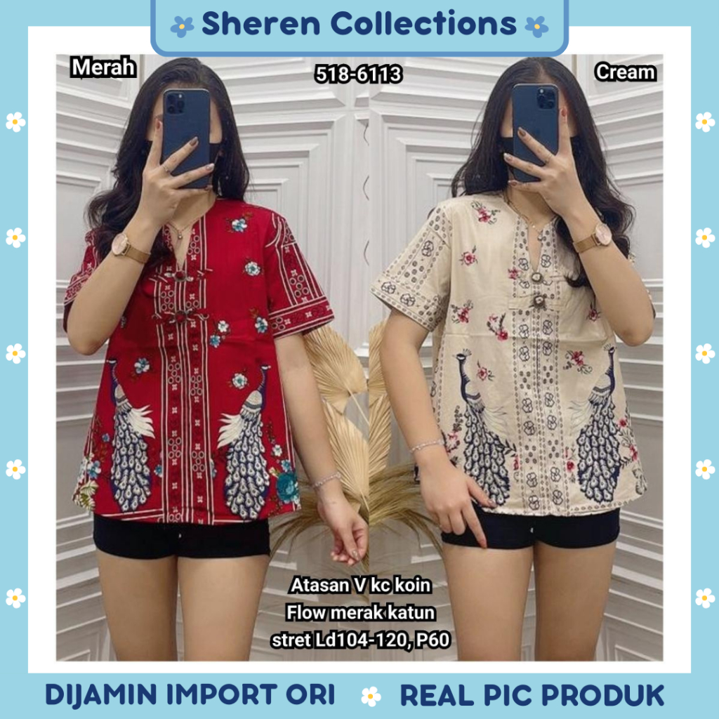 Atasan Imlek Wanita VNeck Motif Merak Katun Stretch