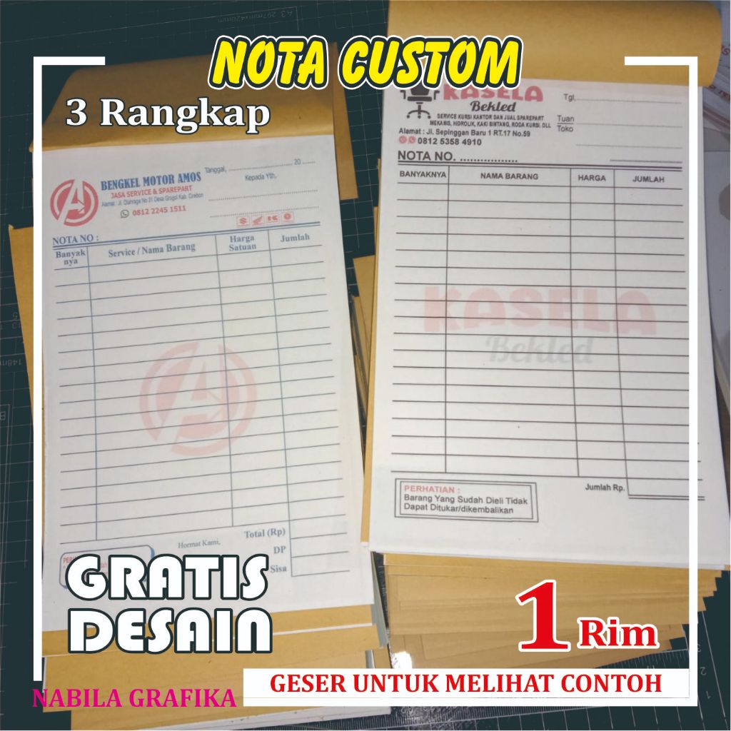 

KHUSUS CETAK NOTA 1 RIM 3 RANGKAP, NOTA LAUNDRY, BENGKEL, SERVICE, BANGUNAN, OLSHOP nabilagrafika