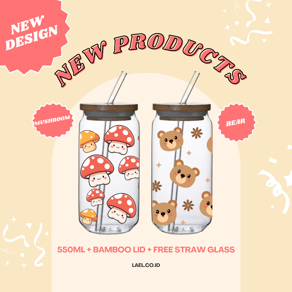 GELAS AESTHETIC KACA TUTUP BAMBOO : GELAS KACA 550ML : GELAS SOUVENIR MURAH : GELAS CUSTOM LUCU UNIK