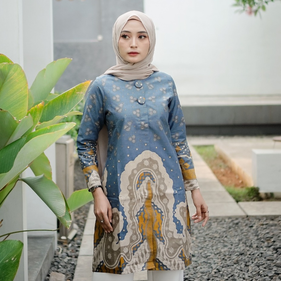 batik trikot atasan tunik batik wanita premium lapis furing tempel model lengan panjang kancing akti