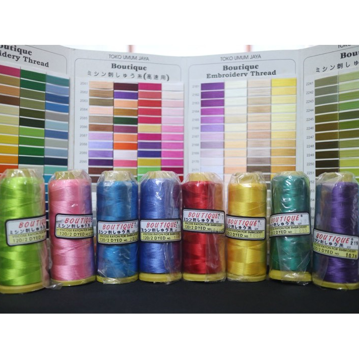 Ready Benang Bordir Rayon Merk BOUTIQUE 120D/2 Katalog Warna Kepala 1 (Ukuran 3000m) Harga Murah