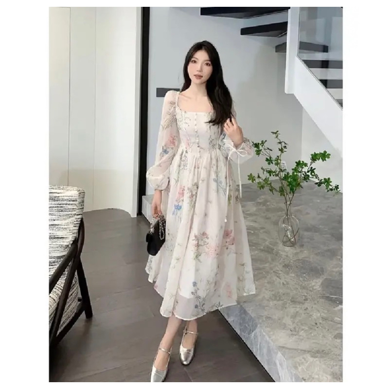 Square Neck Puff Sleeve Floral Dress