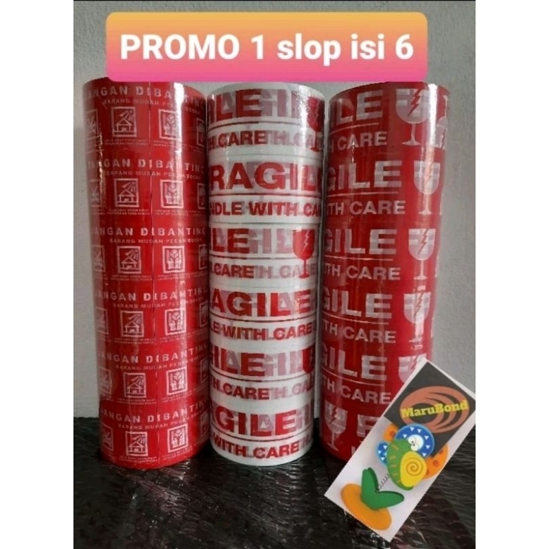 

Promo murah 1 slop (isi 6) dan isi 3 lakban Fragile merah, fragile putih, jangan dibanting 48 mm