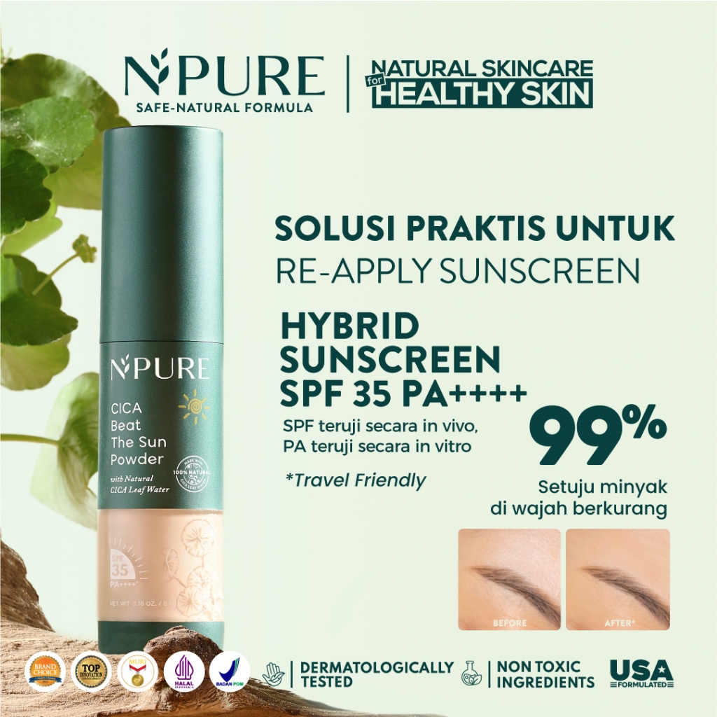 NPURE Sunscreen Powder Cica / Beat the Sun Powder / Sunscreen Bedak & Brush / Bedak Bebas Kilap Miny
