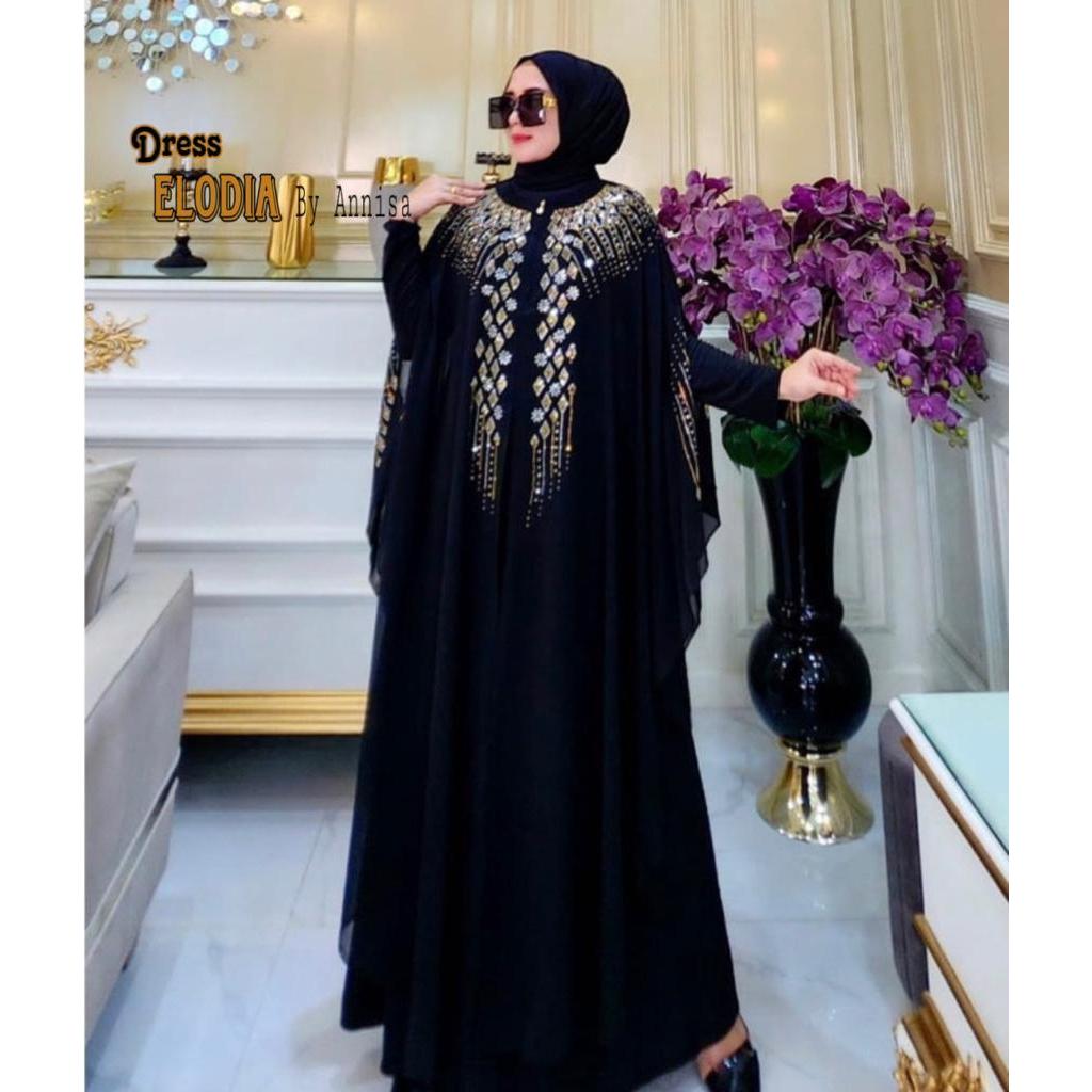 DRESS ELODIA BY ANNISA – Gaun Muslimah Elegan | Korean Jersey & Ceruty Bordir Gold | Wudhu Friendly