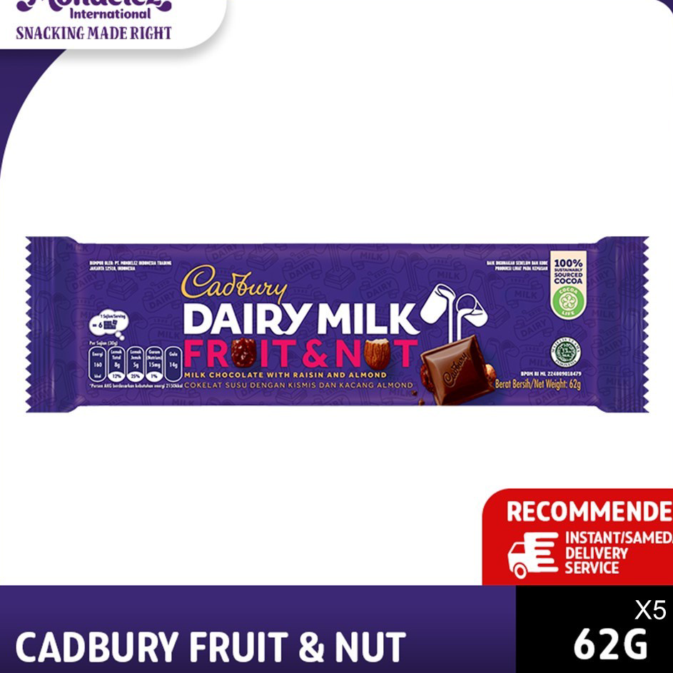

Terlaku.../ Cadbury Dairy Milk Chocolate Fruit & Nut Regular 62g Untuk Camilan x 5