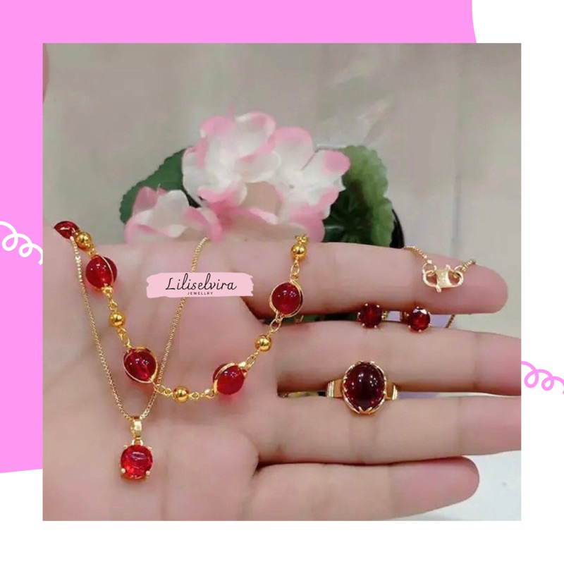 set perhiasan batu merah titanium anti alergi