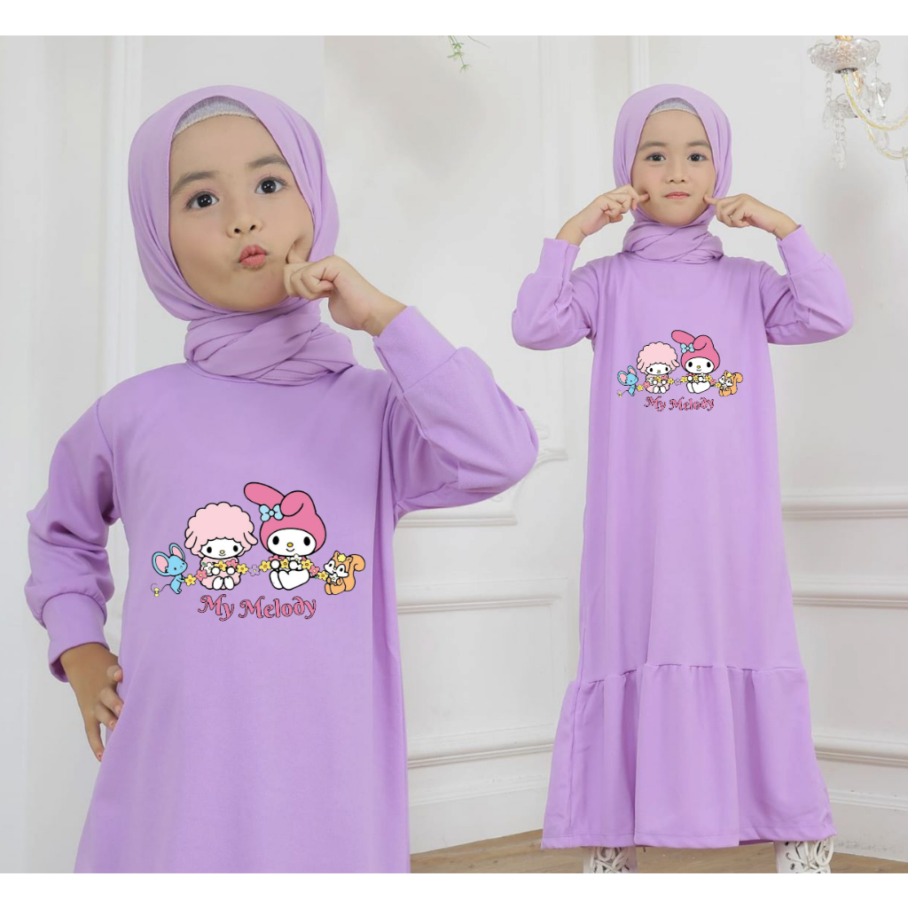 GM047 - Gamis Anak Perempuan Tunik Dress Anak Motif My Melody Melodi Melodiku Kelinci Merah Muda Usi