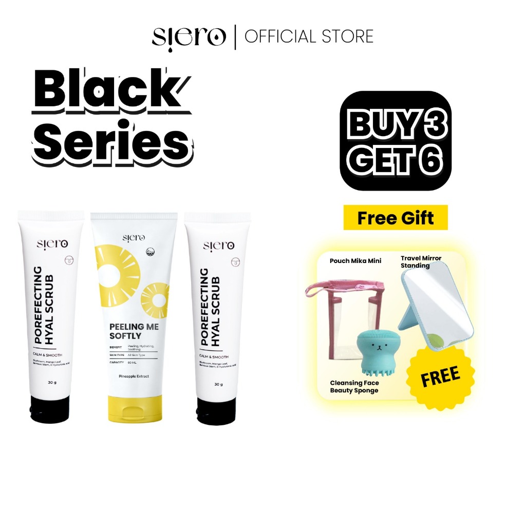 [BUY 3 GET 6] SIERO BLACK SERIES Porefecting Hyal Scrub 2pcs + Brightening Peeling Me Softly 1pcs | Sponge Silikon Pouch Kaca