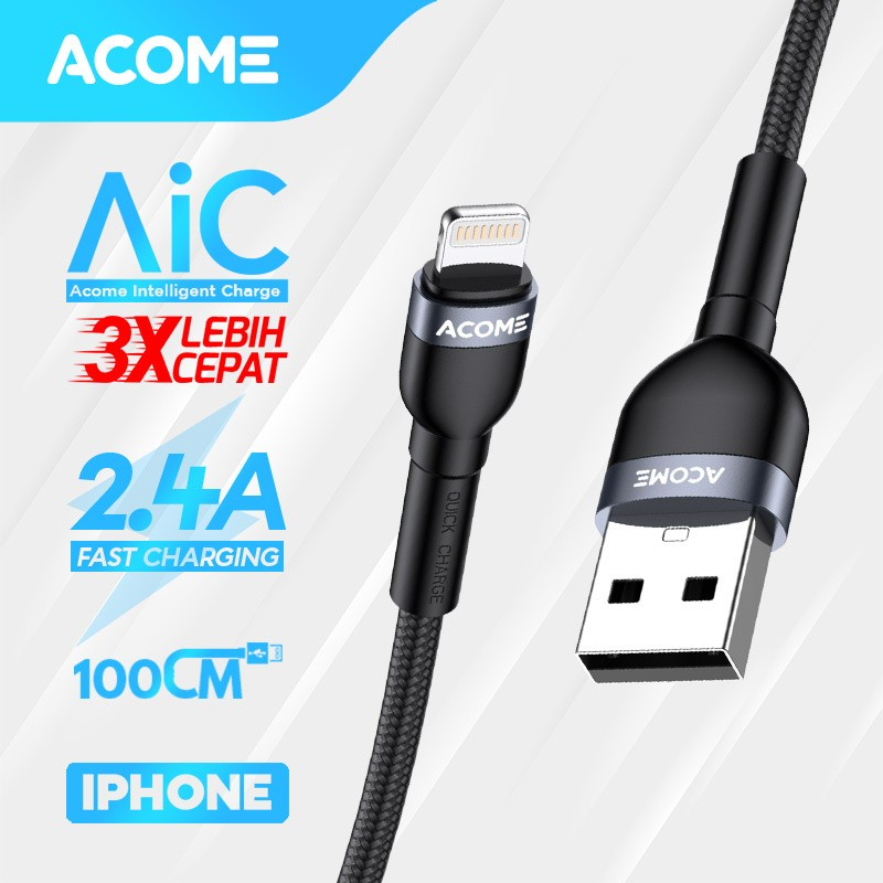 Acome Kabel Data iPhone 2.4A Fast Charging AiC QC 3.0 AFL-010 1M - Cable Lightning BY.ROBOT STORE JK