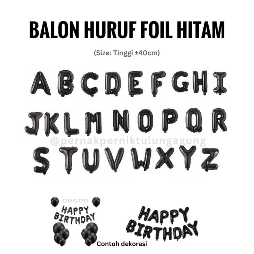 Balon Foil Huruf HITAM/Huruf A-M/Balon Dekorasi Ultah/Balon Huruf