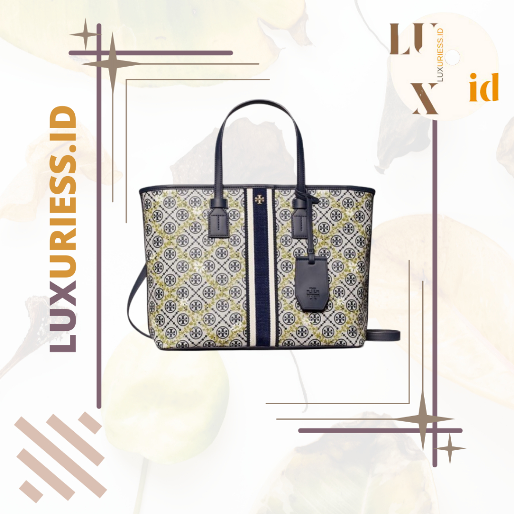 TORY BURCH T MONOGRAM FLORAL VINE TOP-ZIP TOTE BAG NAVY