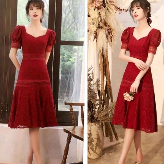 0960 Baju minidress DRESS CNY YUWEN LACE FLARE brokat Vneck dres Korea Korean style wanita premium /
