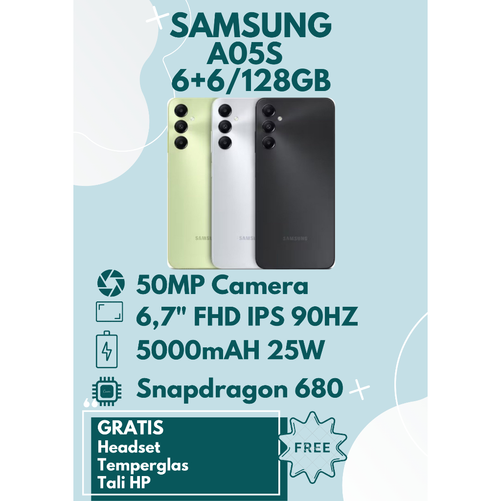 SAMSUNG A05S RAM 12GB (6+6 EXTEND/128GB) GRATIS HEADSET, TEMPERGLAS dan TALI HP